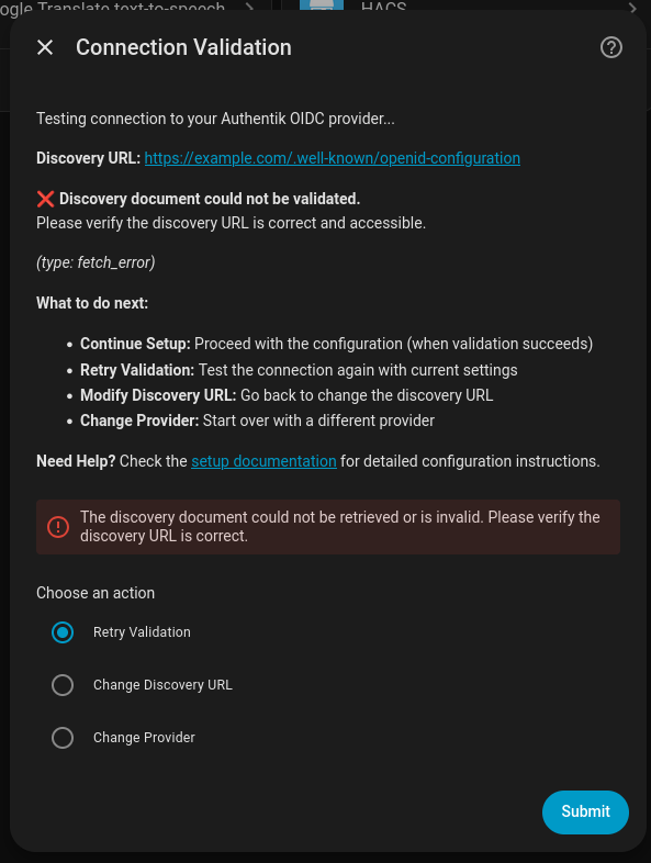 Picture of the relevant configuration screen: discovery-url-failure